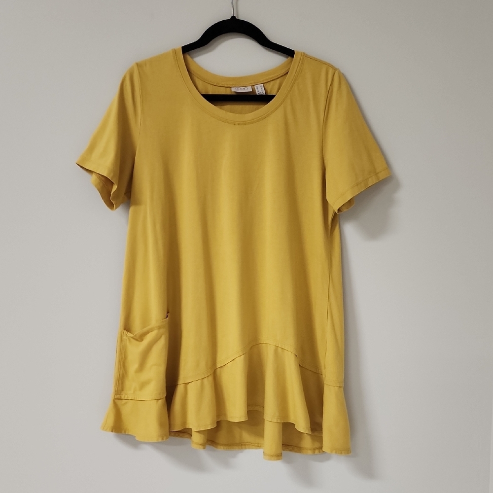 LOGO Lori Goldstein Peplum Top with Ruffle Hem Mustard Yellow L